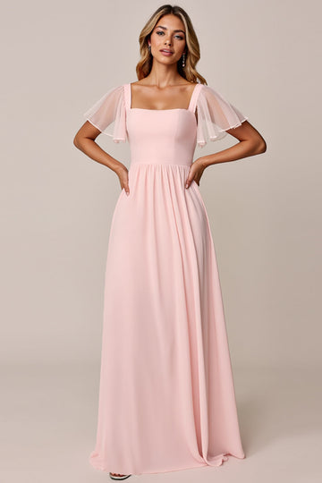 Candy Pink A Line Square Neck Chiffon Bridesmaid Dress